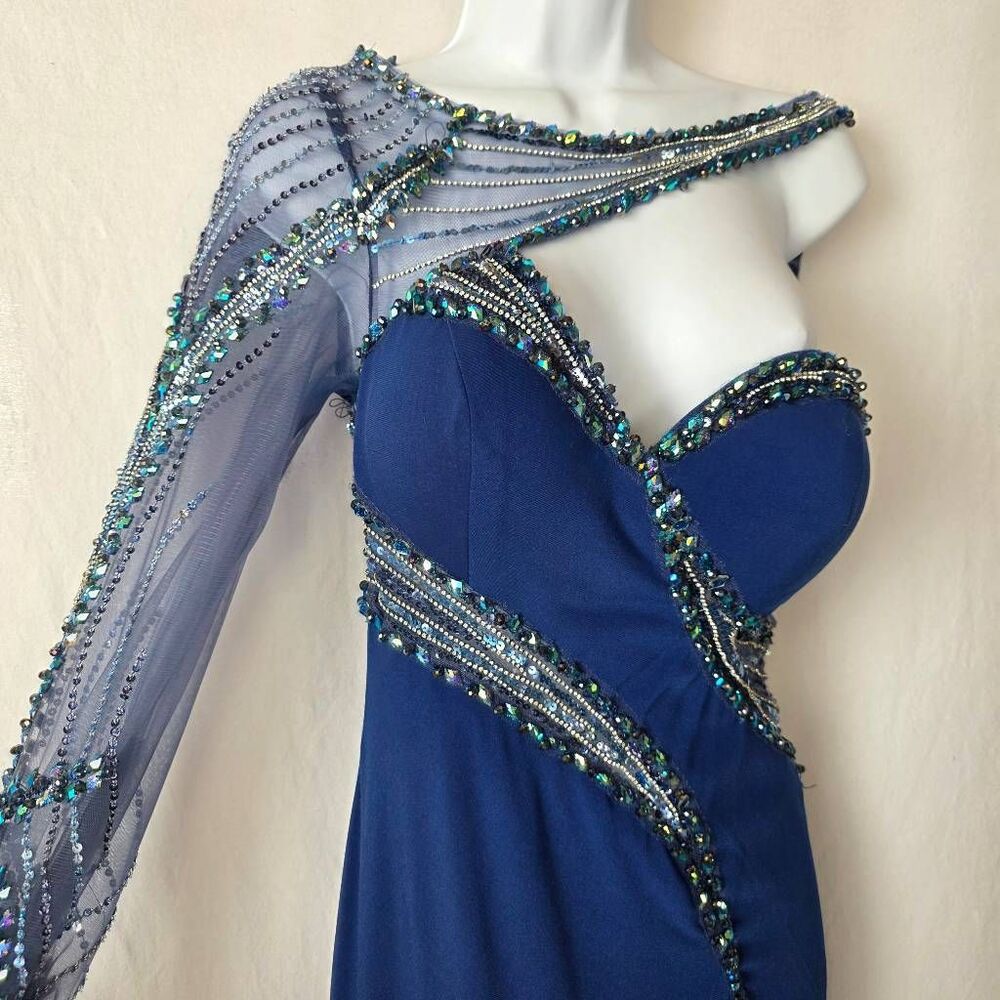 TONY BOWLS Blue Beaded One Shoulder Prom Gown - Picture 9 of 16